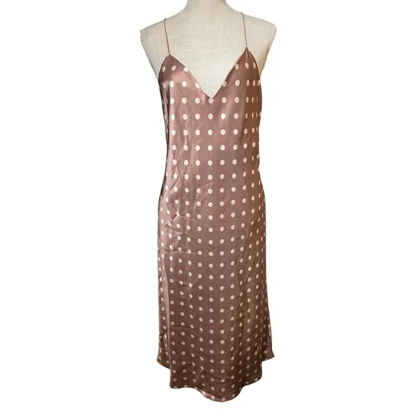 CAMI NYC Polka Dot Slip Myla Midi Dress Tan White XS Spaghetti Straps Tie Back - Picture 3 of 6